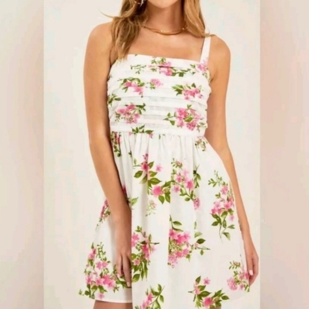 Blu Pepper Floral Sun Dress Pink White Pleated Smocked Womens S Cottage Fairy